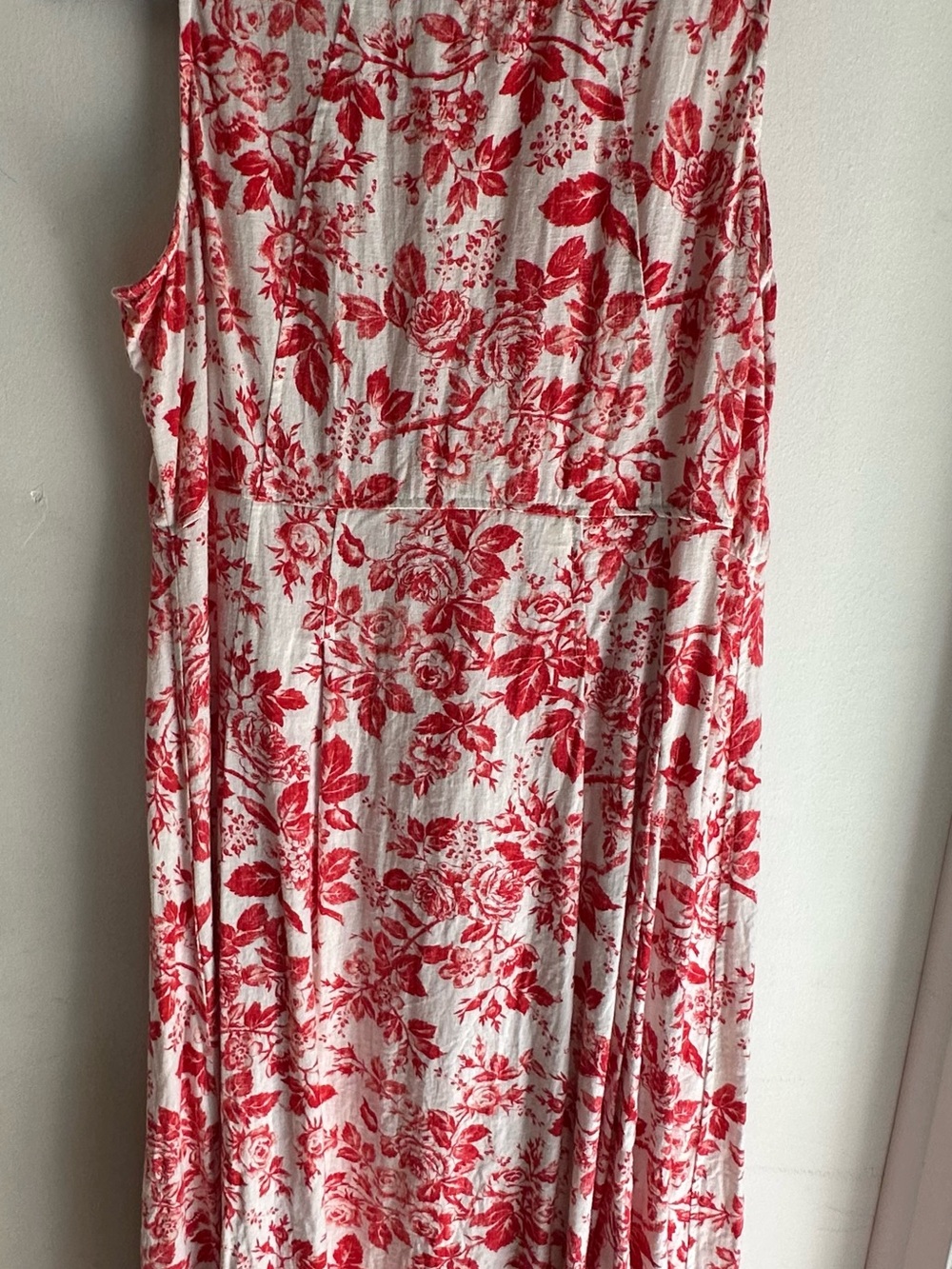 London Times Dress Size 12 Red White Floral Toile Linen Blend Sleeveless Midi